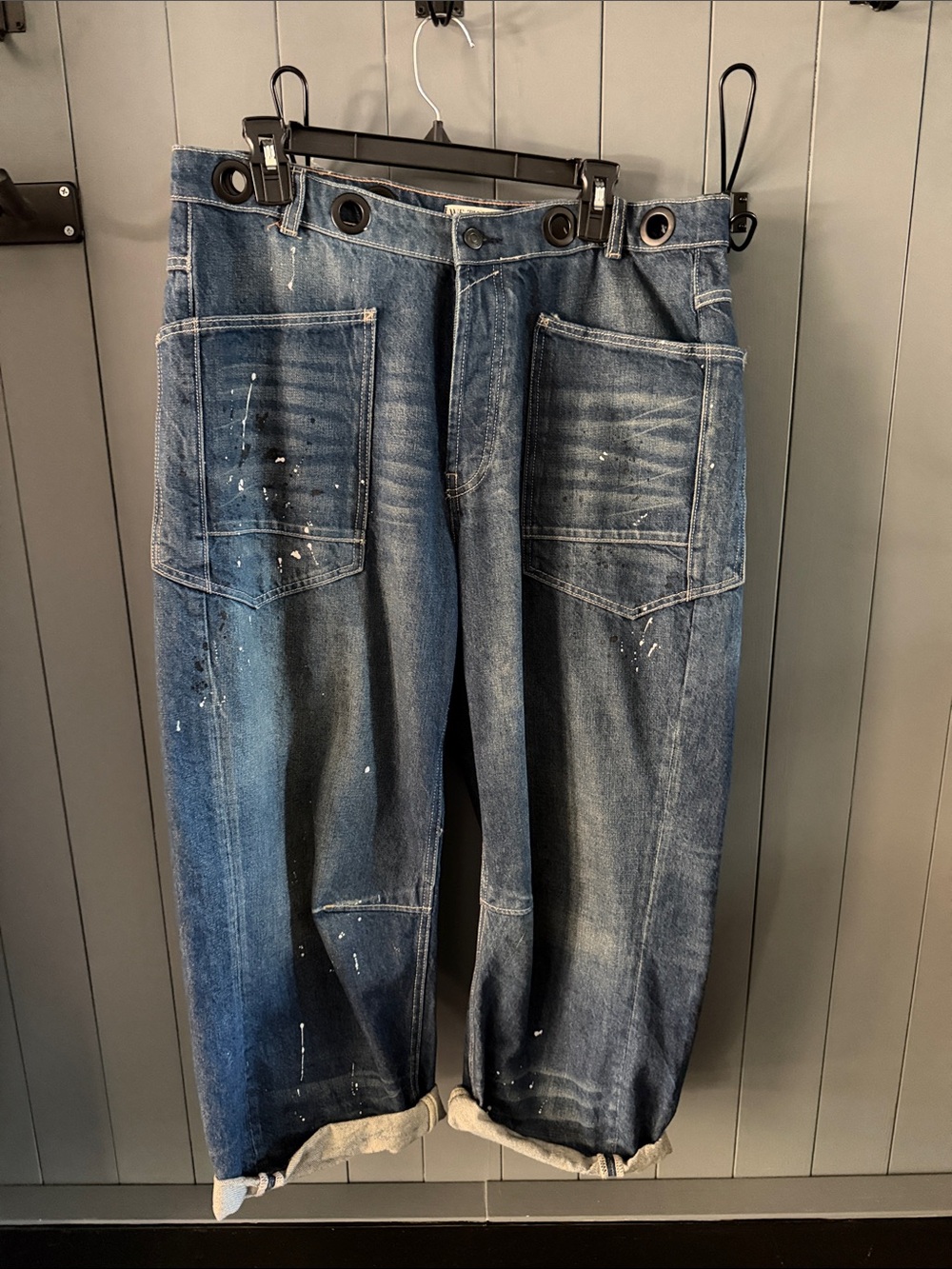 We the Free Womens Paint-Splatter Relaxed Fit Blue Denim Jeans